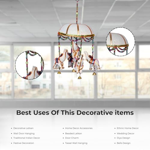 Image of Rajasthani Multicolor Elephants Jhoomer with Bell - Decorative Wind Chimes for Door & Wall Hanging, Ideal Home Decor & Gift Showpiece (White)