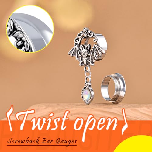 2PCS Stainless Steel Ear Dangle Gauges Plugs Bat Skull Chain Screw Fit Flared Ear Tunnels and Plugs Expander Earrings For Women Men Body Piercing Jewelry4