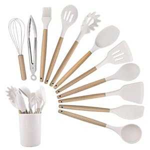 Set di utensili da cucina in silicone antiaderenti, resistenti al calore e lavabili in lavastoviglie, ergonomici e sicuri per alimenti, con pratico porta utensili.