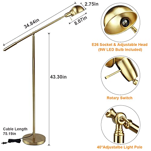 Dinglilighting Dllt Metal Floor Lamp, Adjustable Swing Arm Reading Standing Lamp, 9W Modern Pole Light Brass Task Lighting For Living Room Bedroom Office Home Decor, E26 Bulb Included, Gold #TOP2