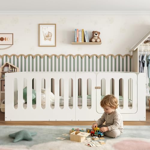 Image of Bellemave Twin Montessori Floor Bed Frame,Beige | Solid wood kids montessori floor bed with high safety fence & door, low to ground design for girls and boys