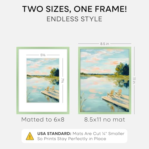 Image of Homeforia 8.5x11 Sage Green Frame, High End Metal 8.5 x 11 Picture Frames with Mat 6 by 8 inch Photo, 11x8.5 Poster Frame Matted to 6x8 Art, Wall or Tabletop Frames, Tempered Glass, Wall Kit, Set of 2