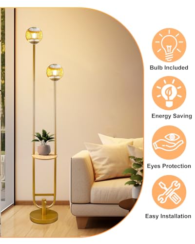 Image of Lightdot Glass Floor Lamp with Tray Mid Century Modern Standing Lamps 3000K Warm White Bulbs Included Gold Dimmable Globe Floor Lamp with 5Lbs Heavy Base for Living Room /Wedding /Party / /Sofa Beside