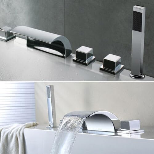 Robinet de baignoire cascade argenté - 5 trous - Robinet de lavabo de salle de bain - Robinet de baignoire - Robinet de baignoire avec douchette à main
