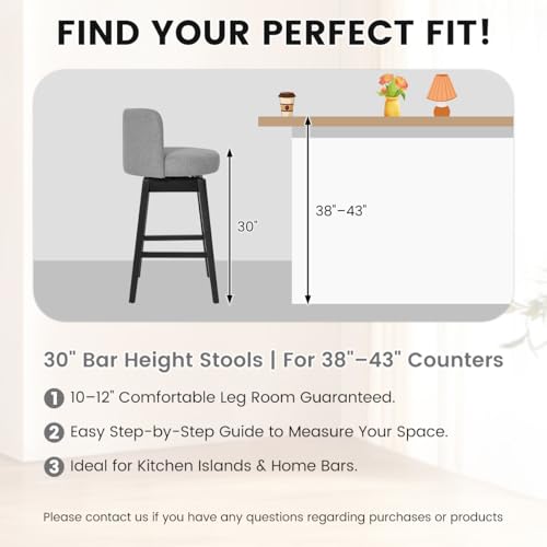 Image of COCO DESIGN Swivel Bar Stools Set of 6, 30 inch Bar Height Mid Century Modern Barstools with Back, Linen Upholstered Seat and Solid Wood Legs, for Bar Kitchen Island, Smoke Gray