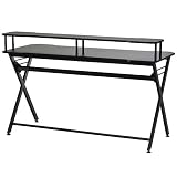 HOMCOM Bureau Gaming Bureau Gamer Bureau Informatique Bracket Casque Grand Plateau MDF + étagère écran châssis métal Noir