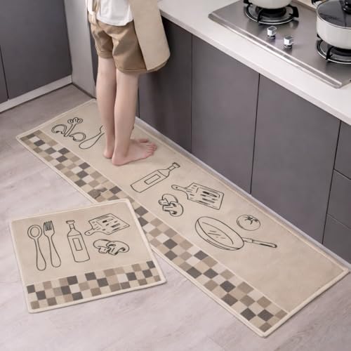 Image of HomeCloud Anti Fatigue Kitchen Rug Printed Thick Anti Slip, Washable, Big Size, Designer Folding Kitchen Mat for Home BedroomStandard Size (41 x 122 cm 41 x 61 cm) (Check Box Tools Beige)