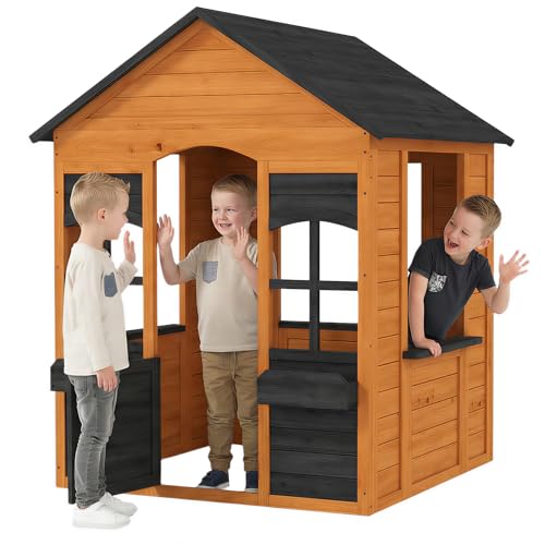 AIYAPLAY Cabane Enfant extérieur en Bois, Maison Enfant extérieure avec Demi-Porte, fenêtres, bacs à Fleurs, maisonnette de Jeu pour 3-8 Ans, Jeu imaginatif, 110,6 x...