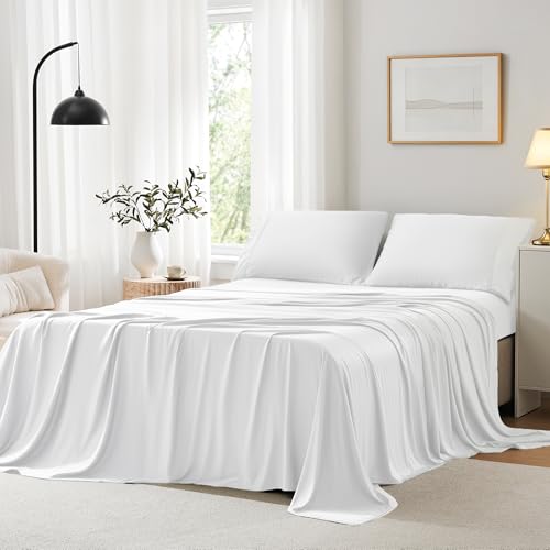 Image of ACCURATEX Cooling Sheets Twin XL Size - Viscose Made from Bamboo, Luxury Cool Silky Sheet Set for Twin XL Size Bed, Super Soft Breathable Bedding Sheets up to 16 inches Deep Pockect,White