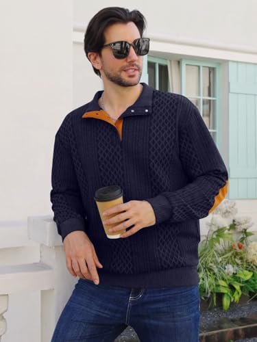 Men's Block Striped Sweatshirt Casual Outdoor Long Sleeve Stand Collar Pullover Sweatshirt Button Quarter Sweater4