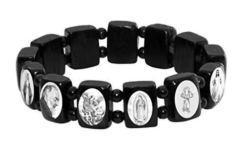Catholica Shop Devotional Catholic Religious Black Wood Stretch Bracelets. Small Panels with Assorted Black and White Images of Catholic Saints, Jesus and Mary. Unisex. Made in Brazil. (B&W Sm Panel)