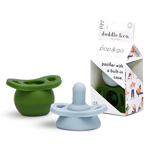 Image of Doodle & Co. Pop & Go Pacifier for New Born Babies with Built-in Case | Pinch to Close Version | 100% Silicone for Infants | Helps Promote Oral Development | Plastic Free | 3+ Months