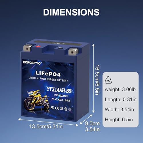 Image of Lithium Motorcycle Battery, Forgetyo YTX14AH-BS 12V 8AH 640A LiFePO4 Lithium Battery, ATV, UTV, Jet Ski Battery