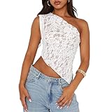 ABYOVRT Women One Shoulder Lace Top Irregular Hem Backless Crop Tops See Through Sheer Tank Tops Going Out Clubwear (S,White)