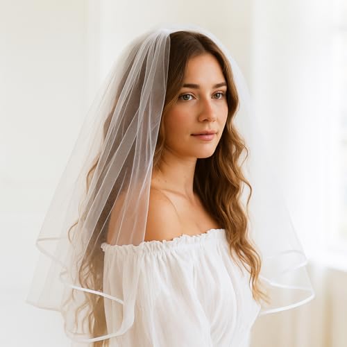 Heclia Short Wedding Veil Elegant White Satin Edge Classic Bridal Veil for Bride Photography Cosplay Halloween Waist Length Tulle Veils for Ceremony Engagement Photo Shoot Costume Party Occasions - Thumbnail 2