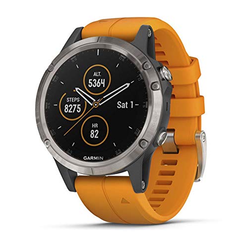 Garmin Fenix 5 Plus, Premium Multisport GPS Smartwatch, Features Color TOPO Maps, Heart Rate Monitoring, Music and Garmin Pay, Titanium with Orange (Renewed)