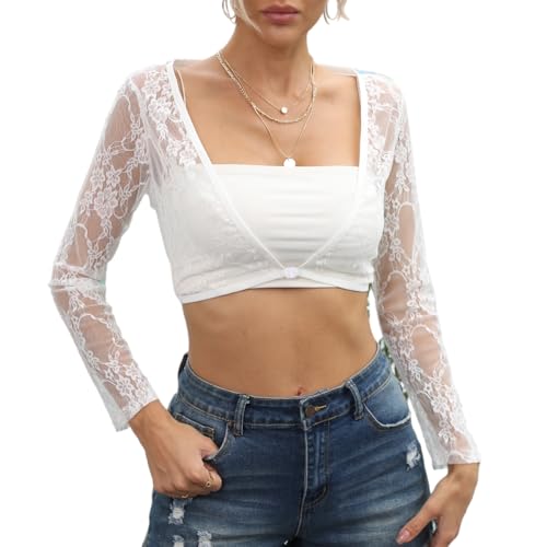 Image of Women's Crop Top Long Sleeve Shrug Lace Short Blouse Shrug Sexy Lace Lining Cardigan Sheer Cover Up