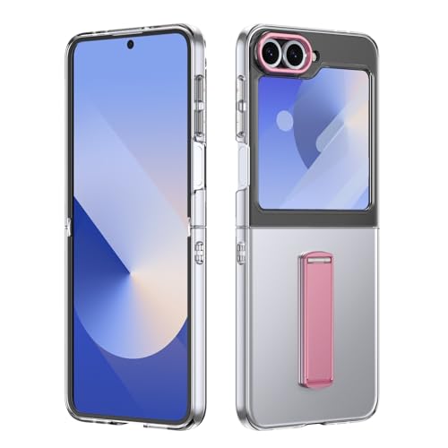 Samsung Galaxy Z Flip 5 �P�[�X�Ή��A�X�N���[���v���e�N�^�[�t���A�X�^���h���[�h�L�b�N�X�^���h�AZ Flip 5 �J�o�[�p�A�~���^���[�O���[�h�̑ϏՌ��y�ʕی�P�[�X�A�N���X�^���N���A(Pink)