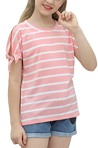 Image of GORLYA Girls Slit Sleeve Tie Knot Cuff Knit Tunic Top 4-14Y | Seamless knit, cold shoulder slit sleeves with tie-knot cuffs, solid & stripe options, ideal for school and casual outings.
