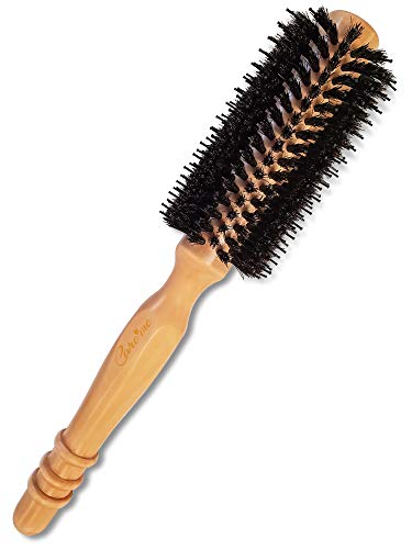 High-Density Soft Boar Bristles Wood Blow-dry Round Hairbrush - Curl, Style Bangs or Short Fine or Normal Hair (Cheek to Shoulder-Length) for Salon Blowouts & Shine, Small 1" Roller, 2" with Bristles