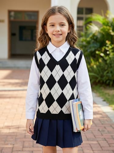 Image of SELINK Boys Girls V Neck Argyle Knit School Uniform Sweater Vest | Soft Cotton Polyester Blend Knitted Vest,Stockinette Stitch,Hand Wash Only For School Uniform Daily Wear