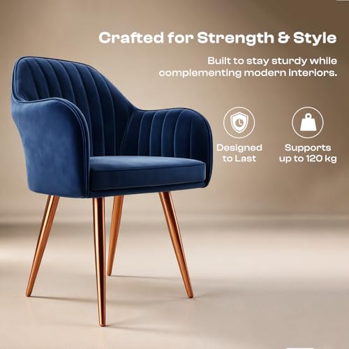 Image of Vergo Plush Velvet Dining Chair, Cushion Seat, Wooden Frame, Metal Legs, Premium Accent Chair for Living Room, Bedroom, Dining Room, Cafe & Restaurant (Set of 4, Navy Blue)