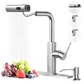 Kitchen Faucet with Pull Down Sprayer: ALEASHA Waterfall Kitchen Sink Faucet with 3 Function Pullout Sprayer, Single Hole for RV/Bar, 360° Swivel Faucets with Spout Soap Dispenser, Brushed Nickel