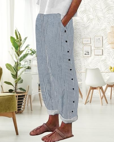 2025 Summer Women's Striped Home Pants Printed Straight Casual Style Side Adjustable Buckle Lightweight Vacation3