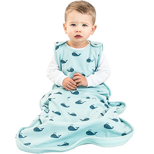 Image of Woolino Ultimate Sleep Sack - 4 Season - Merino Wool and Organic Cotton Two-Way Zipper Adjustable Sleeping Bag - Universal Size Sleep Sack for Baby (2-24 Months) - Whales