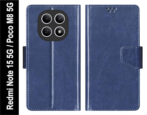 Image of SBMS Flip Cover for Redmi Note 15 5G Poco M8 5G Back Cover Case with Magnatic Closure | Genuine Leather Finish | Inbuilt Stand | Card & Money Pocket | Wallet Style Flip Back Case Cover (Blue)