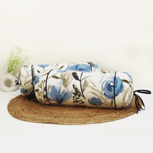 Image of AURAVE Cotton 144 TC Printed Bolster Cover with Drawstring Closure, Set of 2, Soft Breathable Durable Machine Washable for Sofa Bed & Home Decor, 15 inchx30 inch Blue | Cover Only
