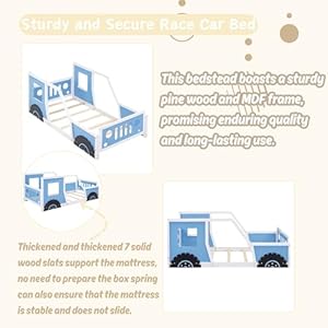 Twin Size Car Bed, Wood Floor Bed Frame with Headboard & Footboard and 4 Side Rails, Kids Racecar Bed for Boys Girls Teens, Blue Twin Size Car Bed Wood Floor Bed Frame with Headboard Footboard and 4 Side Rails Kids Racecar Bed for Boys Girls Teens Blue