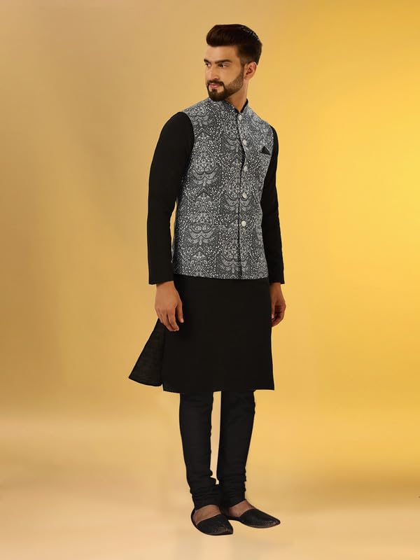 Image of KISAH Men Printed Kurta Jacket Set, Full Sleaves, Knee Length, Straight, Regular Fit, Mandarin Collar Ethnic Wear