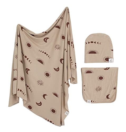Image of Leyl&Ari Stretchy Swaddle Blanket | Gender Neutral Baby Gifts | Receiving Blanket Burp Cloth Hat Set | Sun Swaddle Blanket