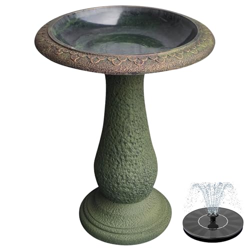 AUSTRAM Pedestal Birdbath with Solar Fountain, Resin Stone Composite Outdoor Garden Decor, Standing Bird Bath for Outside Patio Yard, 23-Inch Tall, Garden Fountain, Resin Bird Baths, Hummingbird Bowl