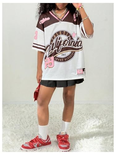 Image of BEAUDRM Girl's Jersey Shirts Leopard Number Print Jersey Shirt Cheetah V Neck Half Sleeve Oversized Tee Tops