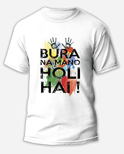 Image of Knitted Polycotton Fabric Regular Fit Men Boys Half Sleeve T-Shirt for Festival of Holi Style 1 White Size : Free