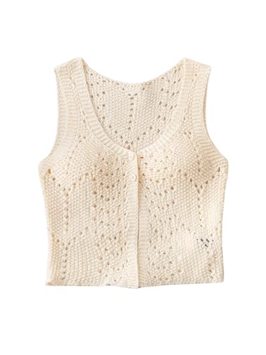 Image of Verdusa Women's Button Front Scoop Neck Hollow Out Knitted Sweater Vest Knit Tops Beige Medium