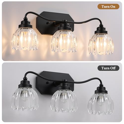 Image of Vintage Bathroom Light Fixtures, 3 Light Bathroom Vanity Light, Black Matte Antique Brass Finish with Crystal Glass Shade, Mid Century Wall Sconces for Bedroom, Living Room, Hallway