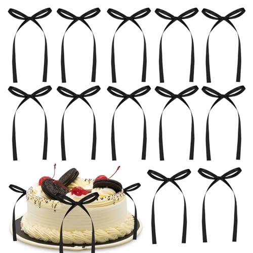 30Pcs Bow Cake Toppers Ribbon Bows for Cake Black Bow Ribbons for Coquette Themed Bow Decorations for Bachelorette Graduation Party Cupcake Baby Shower Birthday Wedding Fathers Day Party Supplies