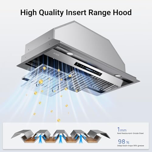 IKTCH 36 inch Built-in/Insert Range Hood 900 CFM, Ducted/Ductless Convertible Duct, Stainless Steel Kitchen Vent Hood with 2 Pcs Adjustable Lights and 3 Pcs Baffle Filters with Handlebar(IKB02-36'') — view 3