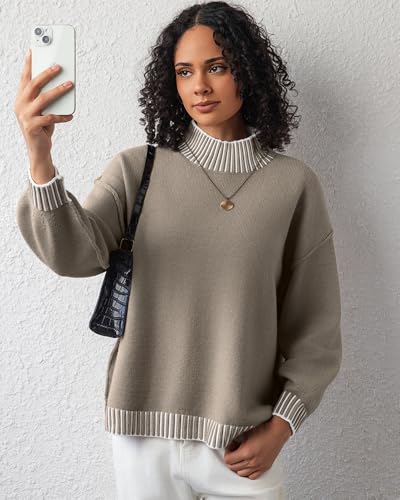 Image of CHYRII Women Fall Fashion 2024 Sweater Overiszed Batwing Long Sleeve Striped Turtleneck Pullover Sweater Tops Outfit