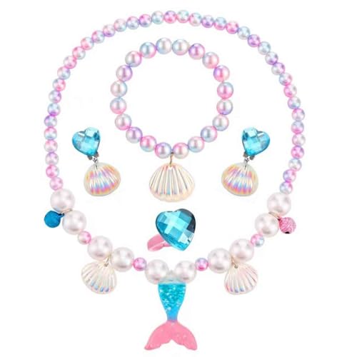 Image of FancyDressWale Mermaid Jewelry Kit Shell Necklace, Bracelet, Ring, Earrings, and Organza Bags - Perfect for Mermaid Party Costume Accessories. Cute Style, Plastic and Organza.