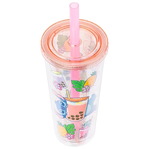 Image of Silver Buffalo Disney Lilo and Stitch Featuring Stitch and Scrump Plastic Boba Tumbler with Lid and Straw, 24 Ounces
