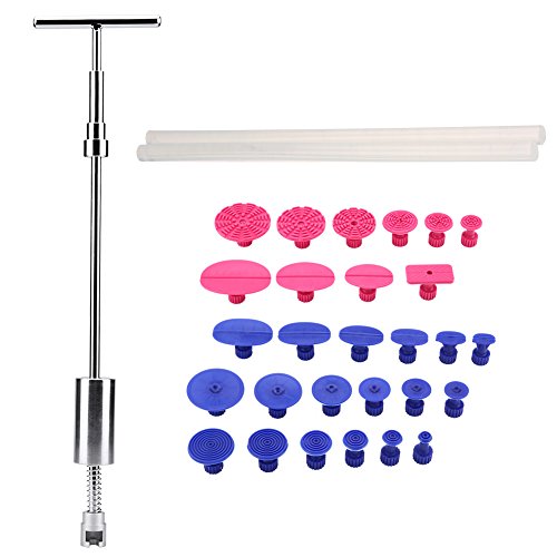 Terisass Auto Puller Tabs Car Body Paintless Dent Repair Tools 1 T Bar Slide Hammer + 28pcs Glue Puller Tabs + 2 Stick Glue Puller Tabs Removal Body Hail Damage Remover Kits