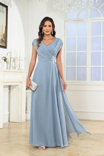 Women's Cap Sleeve Pleated Lace Chiffon Mother of The Bride Dresses Long Ruffle A Line Formal Evening Dresses2