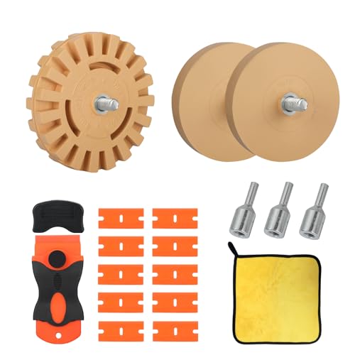 Worown 3-teiliger Aufkleber-Radierer, inkl. Schaber und Lappen, Rad zum Entfernen von Vinyl-Aufklebern und Emblemen für Autos, Klebstoffentferner-Werkzeug mit Adapter (1 x Ø 100 mm + 2 x Ø 88 mm)
