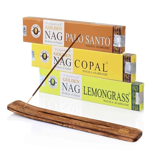 NKlaus Juego de varillas de incienso – Golden Nag Copal, Lemongrass & Palo Santo + soporte de madera | 3 incienso con refrescantes aromas naturales para energía y limpieza