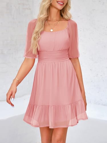 Image of Wenrine Womens Puff Short Sleeve Mini Dress Mesh Square Neck High Waist Ruffle Hem Flowy Party A Line Dress