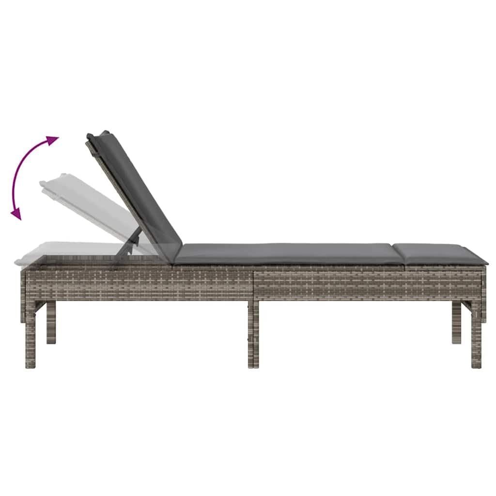 Leżak z poduszką Szary 55x200x44cm Polirattan Regulowany Oparcie Ogrodowy Plażowy Wygodny Leżak Siedząco Leżący z Poduszką Szary na Taras Balkon Ogród Odporny na UV